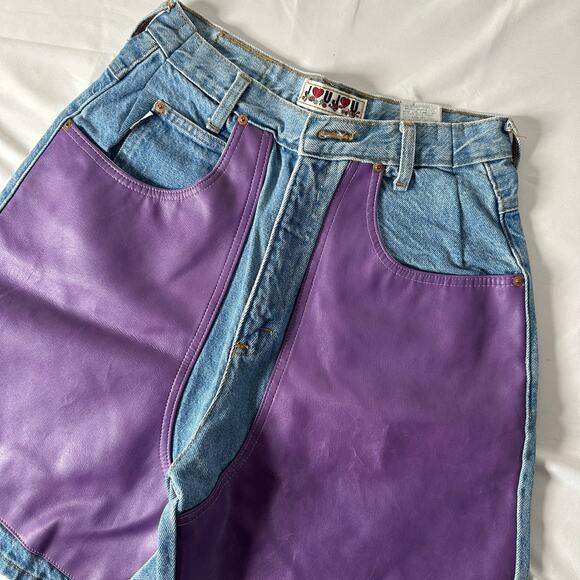 Vintage 1980s JouJou Purple "Leather" Color Block Denim Jean Shorts Jorts - Picture 2 of 7